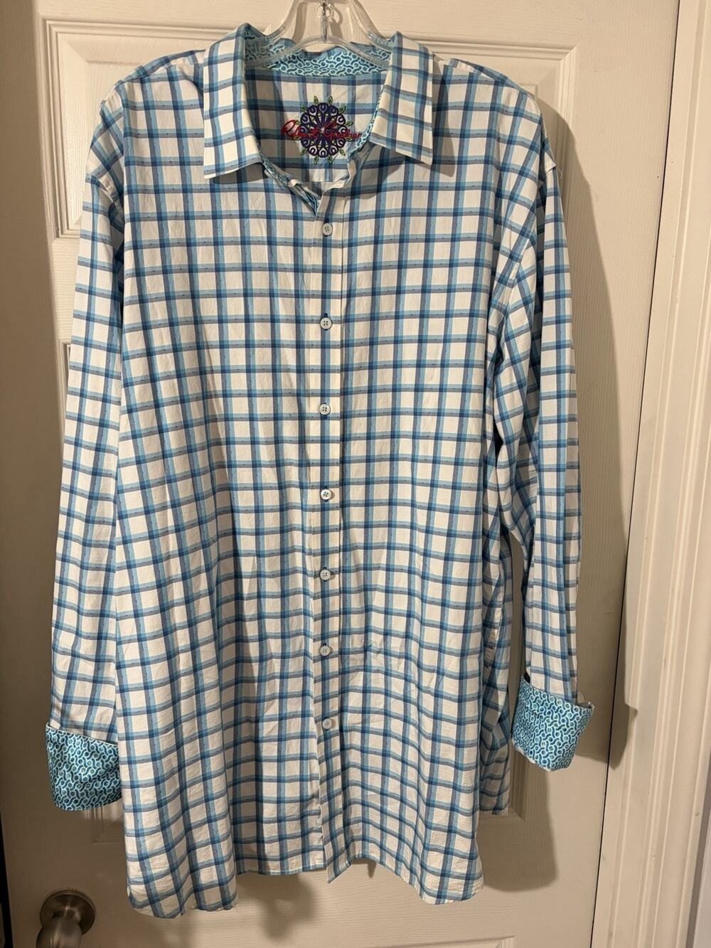 Robert Graham Button Up Shirt Mens Sz 2XLT Plaid Flip Cuff Blue Long Sleeve